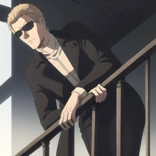 (Albert Wesker:1.4), upper body, highly detailed, highres, extremely detailed, detailed background, perfect eyes, perfect face, high quality, detailed face, anime, best quality, masterpiece, 4k, 8k, absurd resolution, cinematic lights, intricate detail, detailed hands, animation, illustration, (blonde hair:1.4), (1man), mature male, looking at viewer, shades, sunglasses, 1boy, black shirt, black trench coat, high definition, sharp focus, <lora:neg4all_bdsqlsz_V3.5:1>, OverallDetail, deep shadow, dimly lit, shade, animification, <lora:dreamlookai_lora_db_bb89d853_ckp_9966b693_step_3000_Wesker:0.7> wesker, <lora:Hiroyuki Kitazume:0.4>, edgQuality, Illust-InstaFilter, <lora:beard_slider_v10:-3>, <lora:gender_slider_v1:-4>, slick back hair, <lora:AlbertWeskerRE:0.5> AlbertWeskerRE, <lora:neg_bdsqlsz_V2:1>, <lora:hyperdenoiser_v090:0.6>, <lora:hyperrefiner_v090:0.6>, (balcony), (lean in balcony), full body, legs