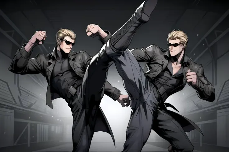 (Albert Wesker:1.4), highly detailed, highres, extremely detailed, detailed background, perfect face, high quality, detailed face, anime, best quality, masterpiece, 4k, 8k, absurd resolution, cinematic lights, intricate detail, detailed hands, animation, illustration, (blonde hair), short hair, mature male, shades, sunglasses, black shirt, black trench coat, high definition, sharp focus, OverallDetail, deep shadow, dimly lit, shade, animification, <lora:dreamlookai_lora_db_bb89d853_ckp_9966b693_step_3000_Wesker:0.7> wesker, <lora:Hiroyuki Kitazume:0.4>, <lora:beard_slider_v10:-3>, <lora:gender_slider_v1:-4>, slick back hair, <lora:AlbertWeskerRE:0.5> AlbertWeskerRE, <lora:hyperdenoiser_v090:0.6>, <lora:hyperrefiner_v090:0.6>, <lora:REAlbertWesker:0.3> REAlbertWesker, ah1,<lora:add_detail:1>, <lora:high_kick003:0.4> (high kick:1.3), kicking, (leg up:1.3), (tae kwon do fight), 2boys, (multiple boys), (fighting), (perfect boots), black boots