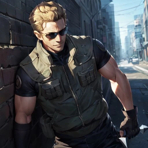 <lora:dreamlookai_lora_db_bb89d853_ckp_9966b693_step_3000_Wesker:1>, wesker, ((Albert Wesker)), high quality, upper body, detailed face, zoom out, anime, best quality, highres, wall, masterpiece, whole body, 4k, 8k, absurd resolution, cinematic lights, intricate detail, detailed hands, animation, illustration, OverallDetail, chest, waist, legs, high definition, sharp focus, scenery, depth of field, ((blonde hair)), (man), strong jawline, square face, (male), (short sleeves), evil smirk, shades, sunglasses, <lora:attire_narutovest:0.7>, joninvest, male focus, forehead protector, gloves, fingerless gloves, weapon, holding kunai, ninja, pants