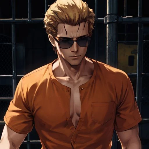 <lora:dreamlookai_lora_db_bb89d853_ckp_9966b693_step_3000_Wesker:1>, wesker, ((Albert Wesker)), high quality, upper body, detailed face, zoom out, anime, best quality, highres, wall, masterpiece, whole body, 4k, 8k, absurd resolution, cinematic lights, intricate detail, detailed hands, animation, illustration, OverallDetail, chest, waist, legs, high definition, sharp focus, scenery, depth of field, ((blonde hair)), (man), strong jawline, square face, (male), (short sleeves), shades, sunglasses, orange clothes, convict, prison, jail, cold, serious, behind cell bars, inmate