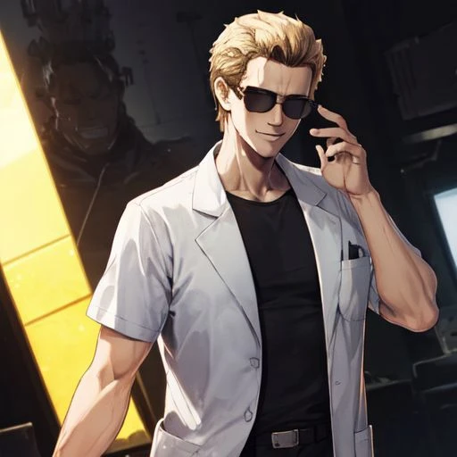 <lora:dreamlookai_lora_db_bb89d853_ckp_9966b693_step_3000_Wesker:1>, wesker, ((Albert Wesker)), high quality, upper body, detailed face, zoom out, anime, best quality, highres, wall, masterpiece, whole body, 4k, 8k, absurd resolution, cinematic lights, intricate detail, detailed hands, animation, illustration, OverallDetail, chest, waist, legs, high definition, sharp focus, scenery, depth of field, ((blonde hair)), (man), strong jawline, square face, (male), (short sleeves), shades, sunglasses, smirk, evil grin, lab coat, laboratory, adjusting eyewear, black shirt,