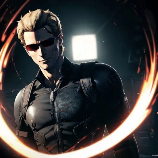 <lora:dreamlookai_lora_db_bb89d853_ckp_9966b693_step_3000_Wesker:1>, wesker, ((Albert Wesker)), high quality, upper body, detailed face, zoom out, anime, best quality, highres, wall, masterpiece, perfect eyes, perfect face, whole body, 4k, 8k, absurd resolution, cinematic lights, intricate detail, detailed hands, detailed eyes, animation, illustration, OverallDetail, chest, waist, legs, resident evil 5, looking at viewer, high definition, sharp focus, deep shadow, scenery, depth of field, ((blonde hair)), (man), strong jawline, square face, <lora:  8 :0.3>, glowing eyes, smirk, grin,
