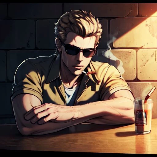 <lora:dreamlookai_lora_db_bb89d853_ckp_9966b693_step_3000_Wesker:1>, wesker, ((Albert Wesker)), high quality, upper body, detailed face, zoom out, anime, best quality, highres, wall, masterpiece, whole body, 4k, 8k, absurd resolution, cinematic lights, intricate detail, detailed hands, animation, illustration, OverallDetail, chest, waist, legs, high definition, sharp focus, scenery, depth of field, ((blonde hair)), (man), strong jawline, square face, (male), (short sleeves), shades, sunglasses, <lora:TheConvict-10 v3:0.6>, orange jumpsuit, theconvict, cigarette, smoking, holding cigarette, smoke, prison, jail, cold, serious,