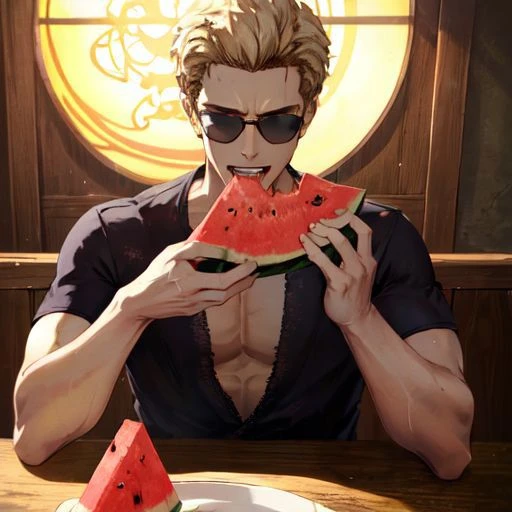 <lora:dreamlookai_lora_db_bb89d853_ckp_9966b693_step_3000_Wesker:1>, wesker, ((Albert Wesker)), high quality, upper body, detailed face, zoom out, anime, best quality, highres, wall, masterpiece, perfect eyes, perfect face, whole body, 4k, 8k, absurd resolution, cinematic lights, intricate detail, detailed hands, detailed eyes, animation, illustration, OverallDetail, chest, waist, legs, looking at viewer, high definition, sharp focus, deep shadow, scenery, depth of field, ((blonde hair)), (man), strong jawline, square face, (male), (short sleeves), <lora:EatingWM:1>, eatingwm, food, watermelon, holding, eating, holding watermelon, holding fruit, sitting, open mouth, upper body, hawaiian shirt, evil smirk, shades, sunglasses