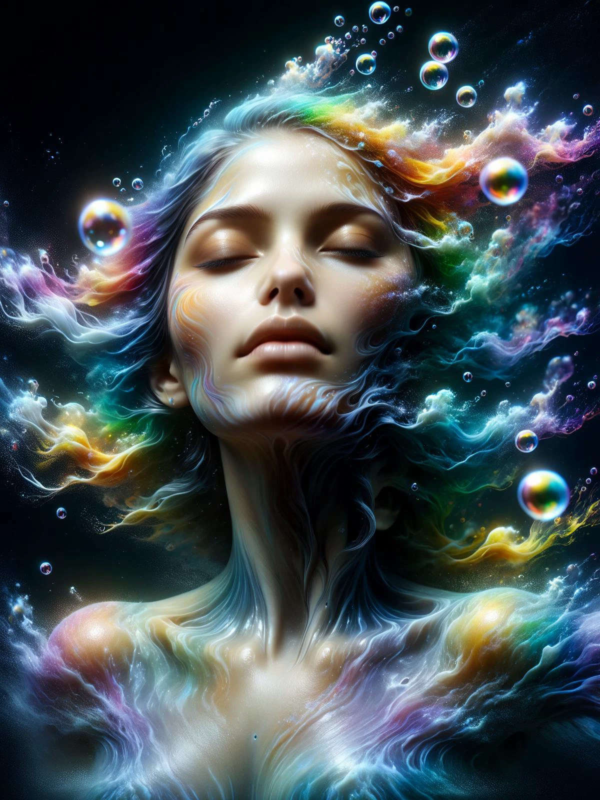 woman underwater ral-dissolve into rainbow colored swirling streaks of paint, bubbles<lora:ral-cnvctncrnts:0.6> ral-cnvctncrnts <lora:ral-dissolve:0.8> <lora:great_lighting:1> great lighting <lora:aesthetic:1> aesthetic <lora:sd_xl_dpo_lora_v1:1>, (masterpiece:1.2), best quality, (hyperdetailed, highest detailed:1.2), high resolution textures