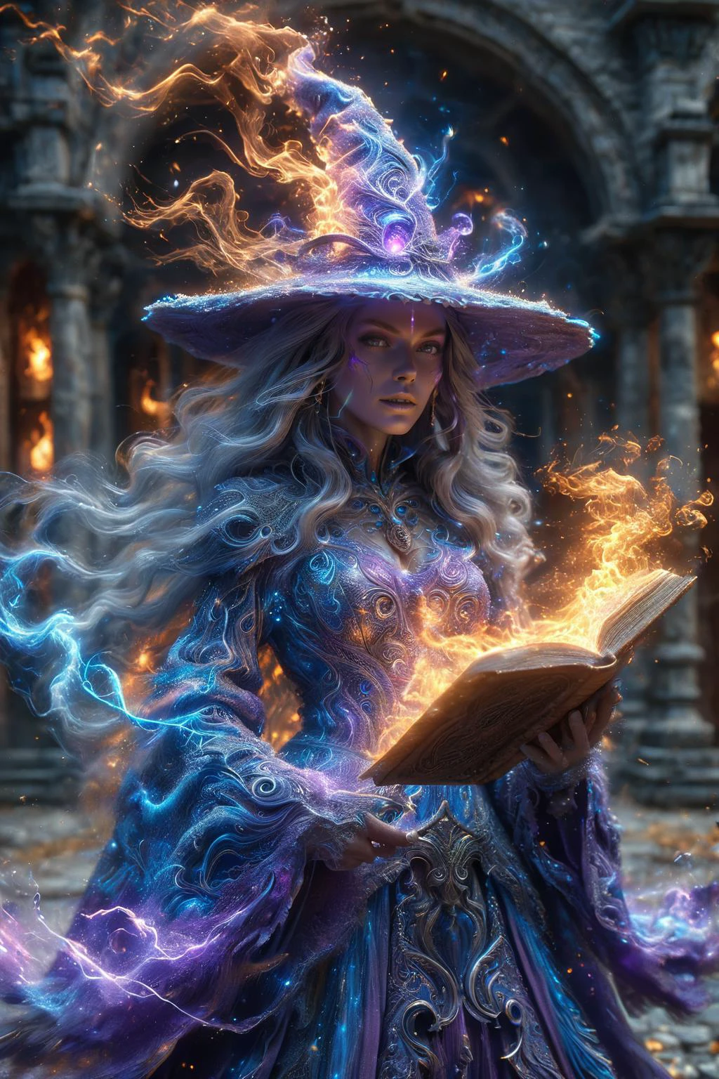 amazing quality, masterpiece, best quality, hyper detailed, ultra detailed, UHD, perfect anatomy, magic world, face to viewer, looking at viewer,
a great female master, wearing witches robe and hat, spell fire magic, (blue hybrid purple:1.3) energy flow, energy flow surrounded, full of energy flow, (ral-cnvctncrnts energy flow:1.3),
glowing, shine, dazzling, spell book, full body,
<lora:Fantasy_Wizard__Witches_SDXL:0.75>, hkmagic,
<lora:ral-cnvctncrnts-sdxl:0.8>, ral-cnvctncrnts,
<lora:add-detail-xl:0.85>,
<lora:EnvyBetterHiresFixXL01:1.0>,
<lora:extremely_detailed:1.0>, extremely detailed,
<lora:DonM3t3rn1tyXL-v1.1-000008:0.7>, DonM3t3rn1tyXL,