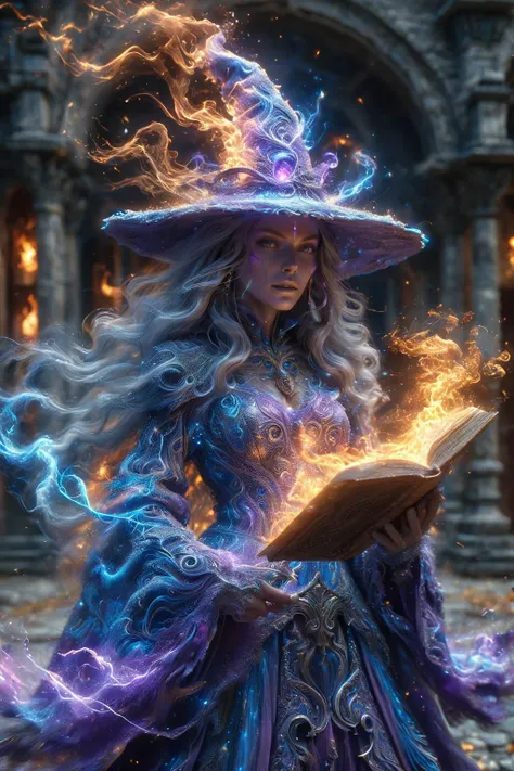 amazing quality, masterpiece, best quality, hyper detailed, ultra detailed, UHD, perfect anatomy, magic world, face to viewer, looking at viewer,
a great female master, wearing witches robe and hat, spell fire magic, (blue hybrid purple:1.3) energy flow, energy flow surrounded, full of  energy flow, (ral-cnvctncrnts energy flow:1.3),
glowing, shine, dazzling, spell book, full body,
<lora:Fantasy_Wizard__Witches_SDXL:0.75>, hkmagic,
<lora:ral-cnvctncrnts-sdxl:0.8>, ral-cnvctncrnts,
<lora:add-detail-xl:0.85>,
<lora:EnvyBetterHiresFixXL01:1.0>,
<lora:extremely_detailed:1.0>, extremely detailed,
<lora:DonM3t3rn1tyXL-v1.1-000008:0.7>, DonM3t3rn1tyXL,