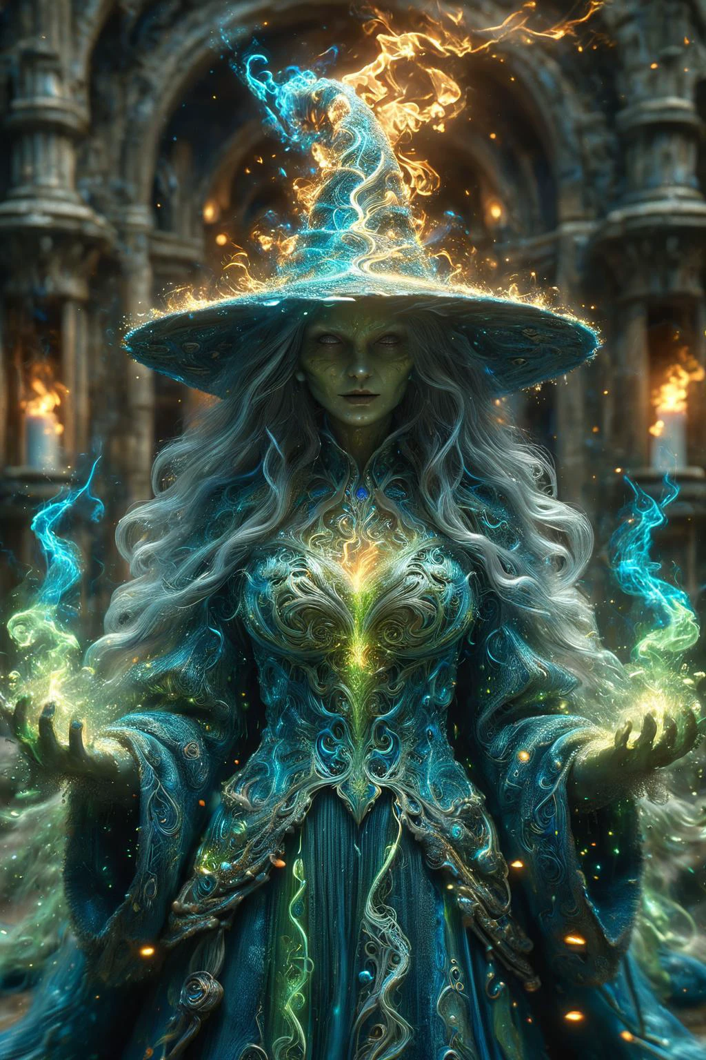 amazing quality, masterpiece, best quality, hyper detailed, ultra detailed, UHD, perfect anatomy, magic world, face to viewer, looking at viewer,
a great female master, wearing witches robe and hat, spell fire magic, (green hybrid blue:1.3) energy flow, energy flow surrounded, full of energy flow, (ral-cnvctncrnts energy flow:1.3),
glowing, shine, dazzling, spell book, full body,
<lora:Fantasy_Wizard__Witches_SDXL:0.75>, hkmagic,
<lora:ral-cnvctncrnts-sdxl:0.8>, ral-cnvctncrnts,
<lora:add-detail-xl:0.85>,
<lora:EnvyBetterHiresFixXL01:1.0>,
<lora:extremely_detailed:1.0>, extremely detailed,
<lora:DonM3t3rn1tyXL-v1.1-000008:0.7>, DonM3t3rn1tyXL,