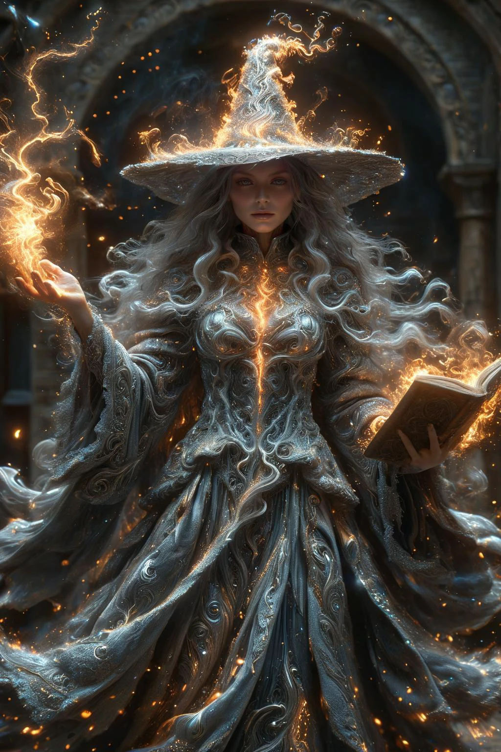amazing quality, masterpiece, best quality, hyper detailed, ultra detailed, UHD, perfect anatomy, magic world, face to viewer, looking at viewer,
a great female master, wearing witches robe and hat, spell fire magic, (green hybrid blue:1.3) energy flow, energy flow surrounded, full of energy flow, (ral-cnvctncrnts energy flow:1.3),
glowing, shine, dazzling, spell book, full body,
<lora:Fantasy_Wizard__Witches_SDXL:0.75>, hkmagic,
<lora:ral-cnvctncrnts-sdxl:0.8>, ral-cnvctncrnts,
<lora:add-detail-xl:0.85>,
<lora:EnvyBetterHiresFixXL01:1.0>,
<lora:extremely_detailed:1.0>, extremely detailed,
<lora:DonM3t3rn1tyXL-v1.1-000008:0.7>, DonM3t3rn1tyXL,