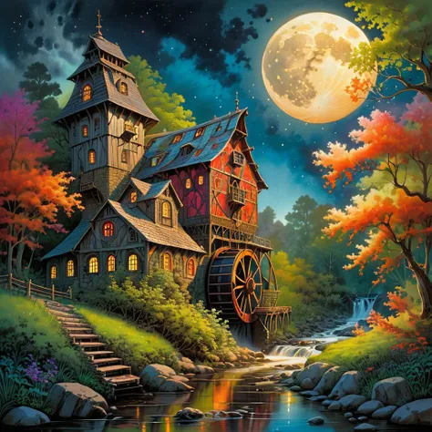 Zentangle extreme effect, landscape with Variegated splashes of color,
big full moon, a fantastic high watermill nestled in a rushing stream inside woodland forest, casting dynamic lighting, detailed architecture,
fantastical surrealism by Daniel Merriam, Joe Fenton,
ral-cnvctncrnts <lora:ral-cnvctncrnts:0.25>,
painted world <lora:Painted World:0.5>,
fractalvines <lora:Fractal_Vines:0.6>