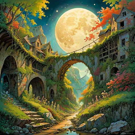 Zentangle extreme effect, landscape with Variegated splashes of color,
night big full moon, (an abandoned: 1.5) fantastic mountain village At the top of the cliff, watermill, destroyed buildings overgrown with moss and plants, awnings, fences, Stone arched bridge, waterfall, 
fantastical surrealism by Daniel Merriam, Joe Fenton,
ral-cnvctncrnts  <lora:ral-cnvctncrnts:0.25>,
painted world <lora:Painted World:0.5>,
fractalvines  <lora:Fractal_Vines:0.6>