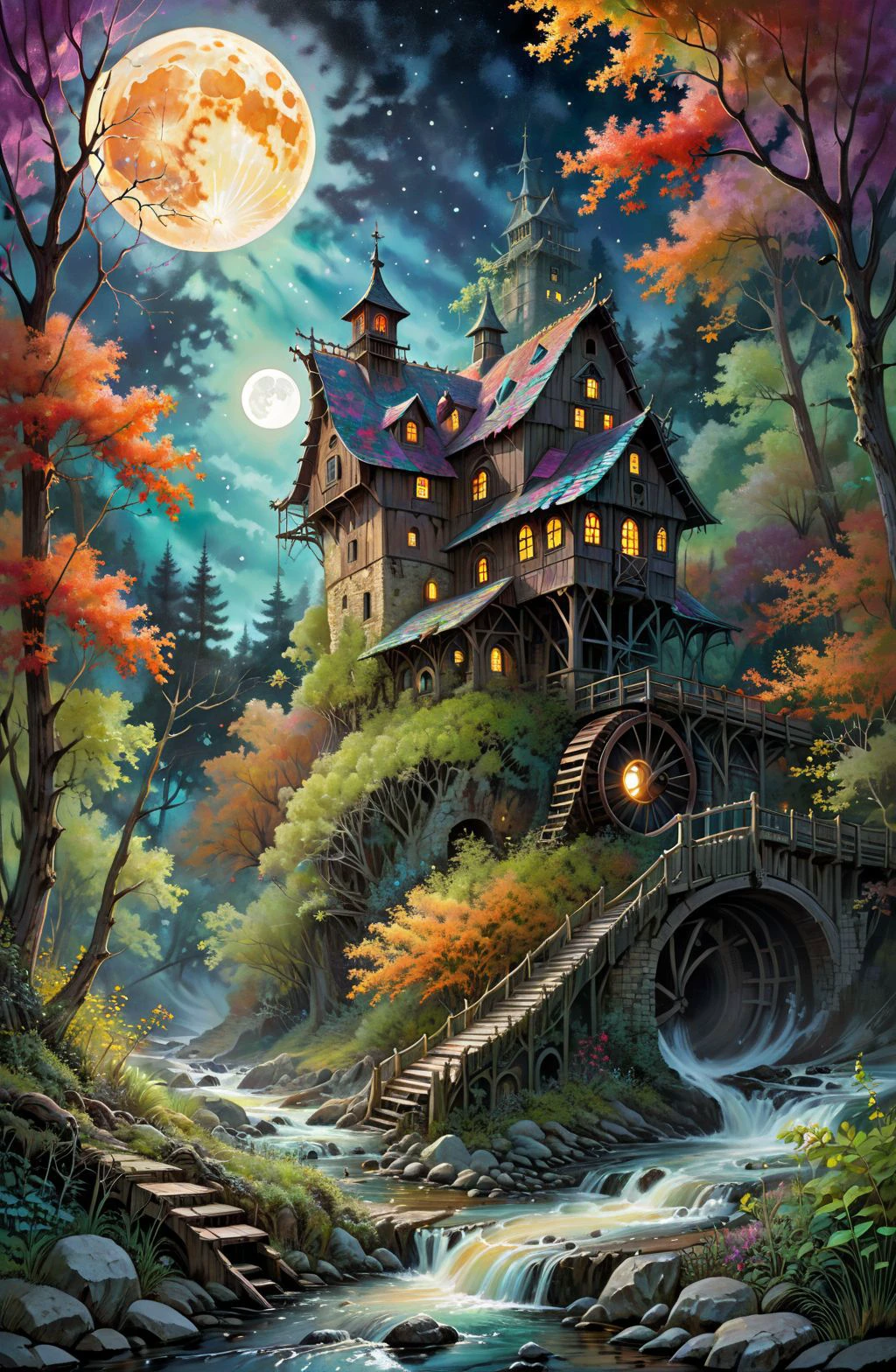 Zentangle extreme effect, landscape with Variegated splashes of color,
big full moon, a fantastic high watermill nestled in a rushing stream inside woodland forest, casting dynamic lighting, detailed architecture,
fantastical surrealism by Daniel Merriam, Joe Fenton,
ral-cnvctncrnts <lora:ral-cnvctncrnts:0.25>,
painted world <lora:Painted World:0.5>,
fractalvines <lora:Fractal_Vines:0.6>
