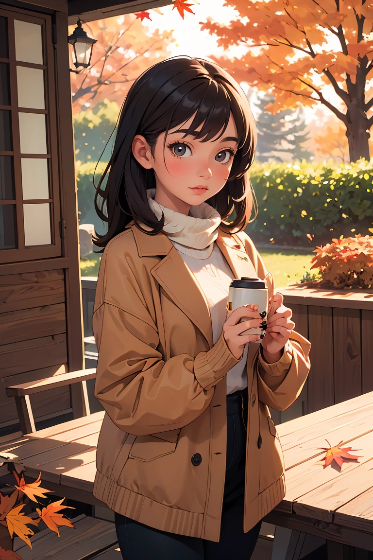 (masterpiece, best quality), 1girl, Cozy Autumn themed Deck, harmonious Autumn colors, inspired by home decor magazines, fall decor, Autumn elements, <lora:aki:1> Hana Shirosaki