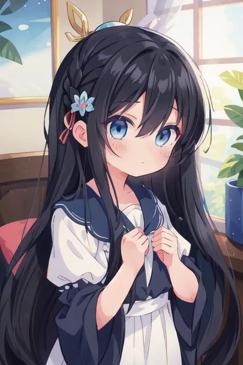 masterpiece, best quality, absurdres, ultra detail,<lora:GoodHands-vanilla:0.8> <lora:anmnr01:0.3> <lora:add_detail:0.5>,1girl, ,long hair,hair ornament,black hair,bangs,very long hair,blue eyes,hair between eyes,