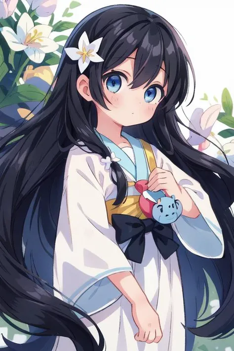 masterpiece, best quality, absurdres, ultra detail,<lora:GoodHands-vanilla:0.8> <lora:anmnr01:0.3> <lora:add_detail:0.5>,1girl, <lora:Rabbit_Shirosaki Hana:1>,Hana Shirosaki,long hair,hair ornament,black hair,bangs,very long hair,blue eyes,hair between eyes,