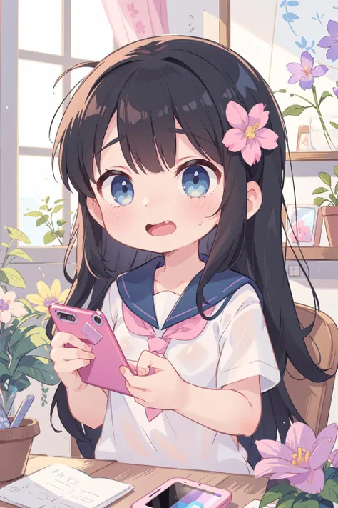 Hana Shirosaki,<lora:Rabbit_Shirosaki Hana:1>,
1girl, phone, hair ornament, solo, black hair, flower, hair flower, long hair, cellphone, holding phone, blue eyes, pink flower, holding, open mouth, school uniform, white sailor collar, smartphone, bangs, sailor collar, sweatdrop, upper body, indoors, shirt, white shirt, shaded face, chibi