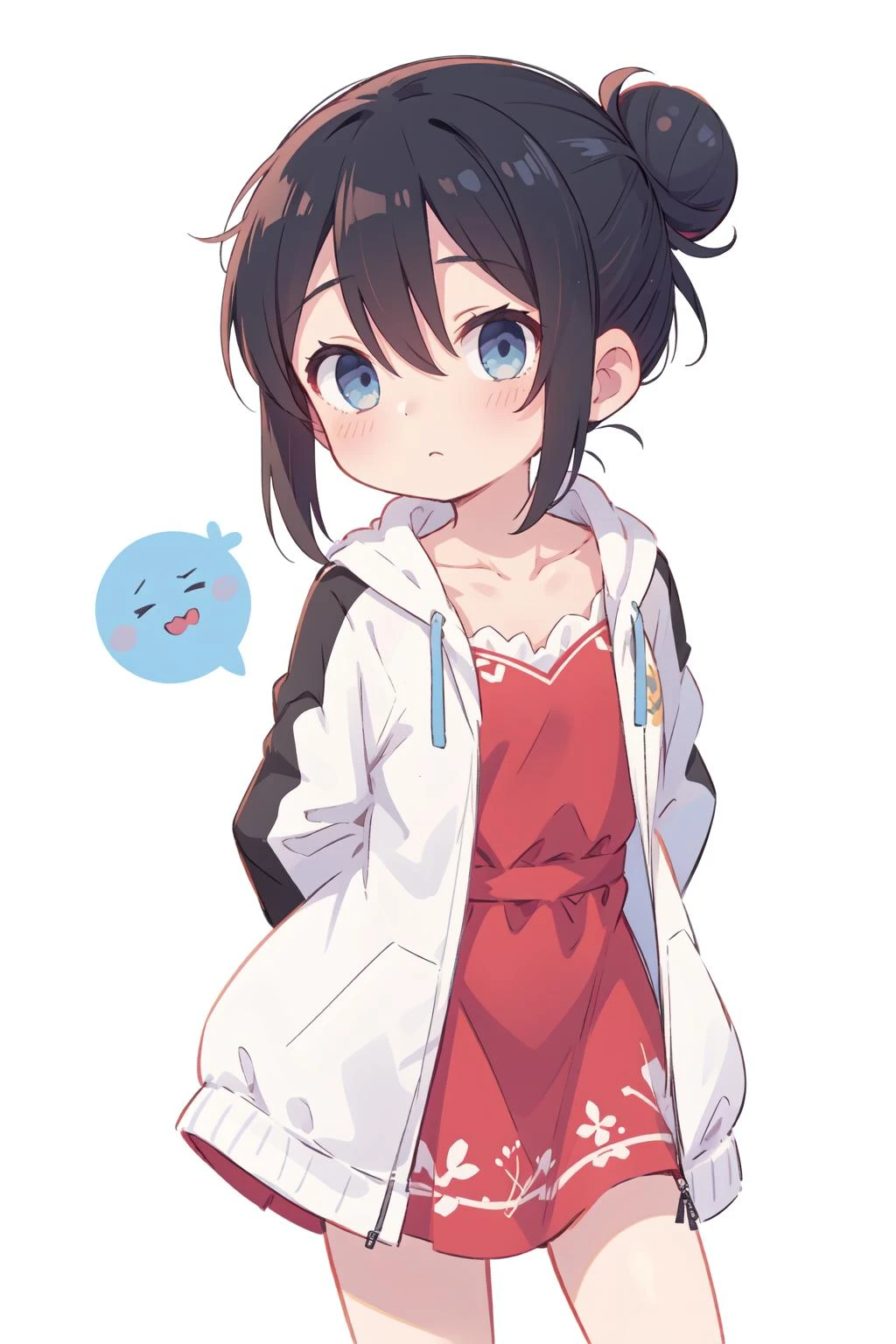 Hana Shirosaki,<lora:Rabbit_Shirosaki Hana:1>,
1girl,solo,long hair,black hair,white background,dress,closed mouth,bangs,blue eyes,collarbone,looking at viewer,hair between eyes,blush,arms behind back,white jacket,simple background,jacket,shadow,single hair bun,long sleeves,open clothes,sidelocks,red dress,hair bun,open jacket,
