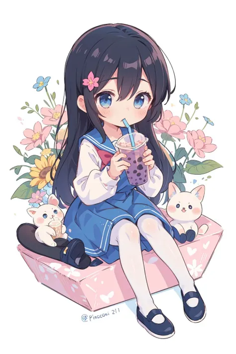 Hana Shirosaki,shirosaki hana,<lora:Rabbit_Shirosaki Hana:1>,
1girl,long hair,solo,hair ornament,pantyhose,flower,hair flower,pink flower,dress,white pantyhose,blue dress,black hair,white background,bangs,long sleeves,school uniform,drinking straw,blush,simple background,very long hair,white shirt,cup,shirt,white sailor collar,holding,bubble tea,blue eyes,sitting,sleeveless dress,drinking,shoes,disposable cup,sailor dress,hair between eyes,sailor collar,knees up,sleeveless,holding cup,pinafore dress,female child,