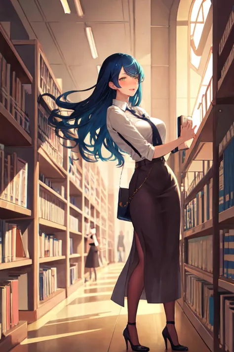 beautiful women staff caught off-guard in the university library. an unexpected glimpse of something delightfully naughty.