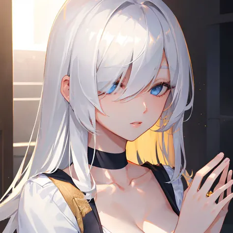 1girl, masterpiece, volumetric lighting, (extremely detailed CG:1.3), illustration,
(bangs, hair over eyes, long bangs, long hair, white hair:(1.2), collarbone, (mature face:1.2), <lyco:GoodHands-beta2:1.0>, good hands, perfect hands,