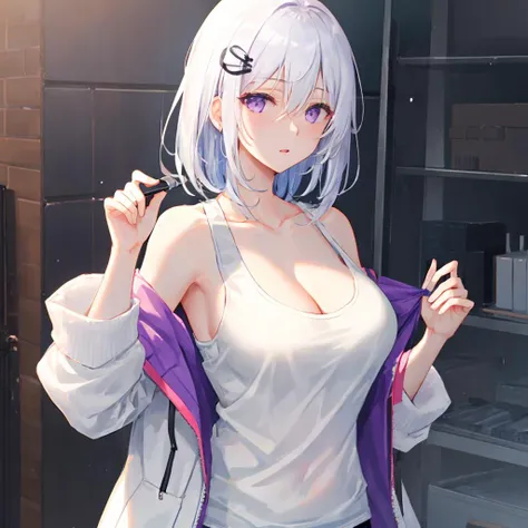 1girl, masterpiece, volumetric lighting, (extremely detailed CG:1.3), illustration, 
original, oreazu, bangs, bare shoulders, breasts, cleavage, collarbone, hair between eyes, hair ornament, hairpin, jacket, large breasts, long bangs, medium hair, off shoulder, [[open clothes]], open jacket, purple eyes, tank top, white hair, white jacket, (white tank top), (mature face:1.2), <lyco:GoodHands-beta2:1.0>, good hands, perfect hands,