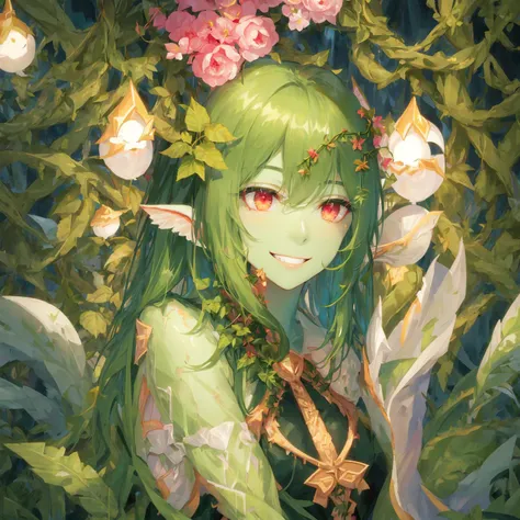 1girl, masterpiece, volumetric lighting, (extremely detailed CG:1.3), illustration,
john su, (dryad), alraune, flower, grin, hair flower, hair ornament, ((monster girl)), palm leaf, pink eyes, pink flower, plant, ((plant girl)), (plant hair), smile, ((monster girl)), (green_skin:1.6), (vines), vine clothes, (hair vines), plant dress, vine dress, (mature face:1.2),
