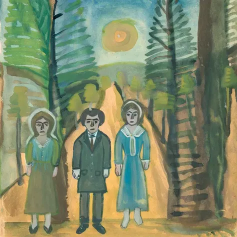 nikifor girl and man in forest<lora:nikifor:1>