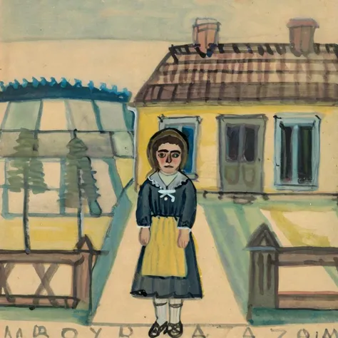 nikifor girl in front of a country cottage<lora:nikifor:1>