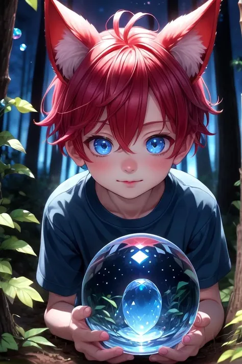 1boy, aki, crimson hair, crimson animal ears, masterpiece, ultra detail, forest, blue eyes, (cute shirt:1.3)
<lora:CrystalBall_1.0:0.6> crystal ball, night light