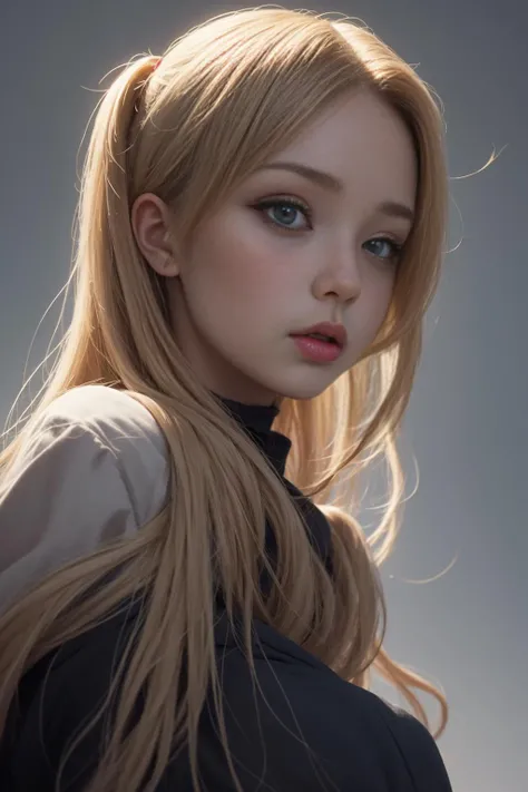 1girl, anime artwork, close-up, a gorgeous woman, ethereal, grey background, (from below:1.2)