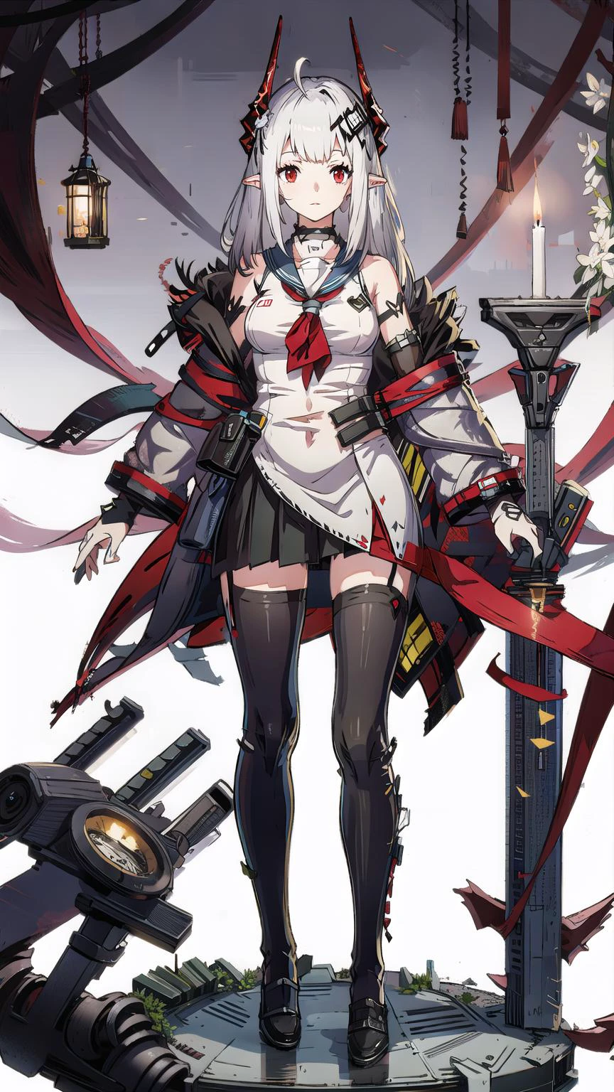 1girl, mudrock (arknights), red eyes, solo, long hair, horns, sailor uniform, serafuku, hair ornament, hair flower, candle, pointy ears, breasts, white hair, oripathy lesion (arknights), infection monitor (arknights), bangs, bare shoulders, full body, standing, <lora:MudrockV1.0:0.6>, mudrockdefclass, 2horns,