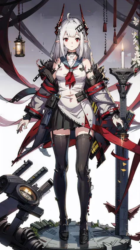 1girl, mudrock (arknights), red eyes, solo, long hair, horns, sailor uniform, serafuku, hair ornament, hair flower, candle, pointy ears, breasts, white hair, oripathy lesion (arknights), infection monitor (arknights), bangs, bare shoulders, full body, standing,  <lora:MudrockV1.0:0.6>, mudrockdefclass, 2horns,