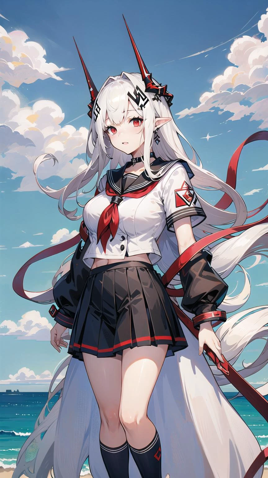 1girl, woman, mudrock (arknights), red eyes, solo, long hair, horns, (sailor uniform, serafuku), school uniform, hair ornament, pointy ears, breasts, white hair, oripathy lesion (arknights), infection monitor (arknights), bangs, breast, full body, standing, <lora:MudrockV1.0:0.6>, mudrockdefclass, black horns, horns, beach background, blue sky, clouds,