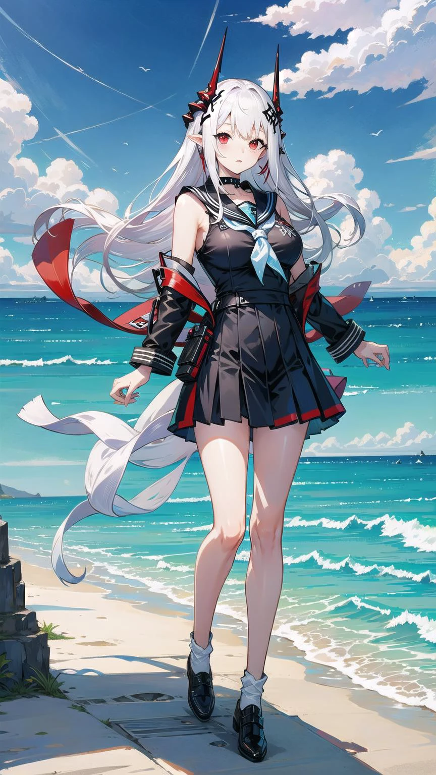 1girl, woman, mudrock (arknights), red eyes, solo, long hair, horns, (sailor uniform, serafuku), school uniform, hair ornament, pointy ears, breasts, white hair, oripathy lesion (arknights), infection monitor (arknights), bangs, breast, full body, standing, <lora:MudrockV1.0:0.6>, mudrockdefclass, black horns, horns, beach background, blue sky, clouds,