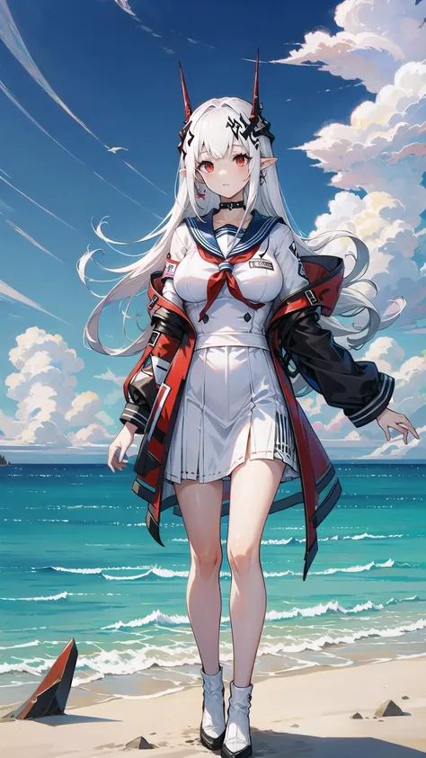 1girl, woman, mudrock (arknights), red eyes, solo, long hair, horns, (sailor uniform, serafuku), school uniform, hair ornament, pointy ears, breasts, white hair, oripathy lesion (arknights), infection monitor (arknights), bangs, breast, full body, standing,  <lora:MudrockV1.0:0.6>, mudrockdefclass, black horns, horns, beach background, blue sky, clouds,