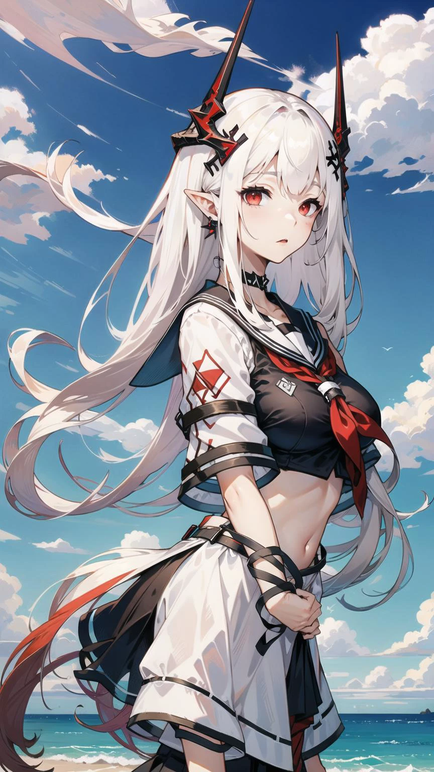 1girl, woman, mudrock (arknights), red eyes, solo, long hair, horns, (sailor uniform, serafuku), school uniform, hair ornament, pointy ears, breasts, white hair, oripathy lesion (arknights), infection monitor (arknights), bangs, breast, full body, standing, <lora:MudrockV1.0:0.6>, mudrockdefclass, black horns, horns, beach background, blue sky, clouds,