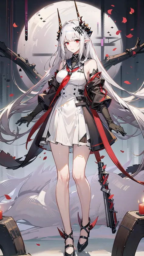 1girl, mudrock (arknights), red eyes, solo, long hair, horns, sailor uniform, serafuku, hair ornament, hair flower, candle, pointy ears, breasts, white hair, oripathy lesion (arknights), infection monitor (arknights), bangs, bare shoulders, full body, standing, <lora:MudrockV1.0:0.6>, mudrockdefclass, 2horns,