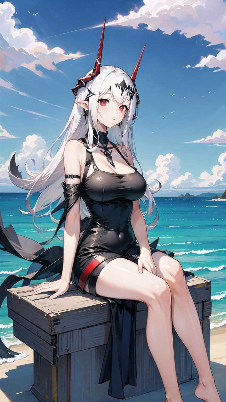 1girl, woman, mudrock (arknights), red eyes, solo, long hair, horns, black dress, short dress, shorts, white shorts, hair ornament, pointy ears, breasts, white hair, oripathy lesion (arknights), infection monitor (arknights), bangs, breast, full body, (sitting:1.2), <lora:MudrockV1.0:0.6>, mudrockdefclass, black horns, horns, beach background, blue sky, clouds,
