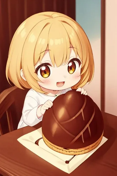 masterpiece, best quality,ultra detail,chibi,girl,a girl, holding takenoko, <lora:takenoko-001:0.9>,happy,on table,cookie,mushroom,chocolate