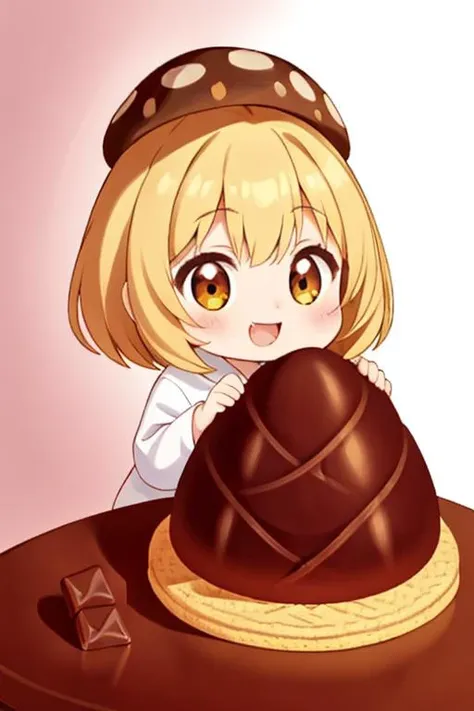 masterpiece, best quality,ultra detail,chibi,girl,a girl, holding takenoko, <lora:takenoko-001:0.9>,happy,on table,cookie,(mushroom,chocolate)