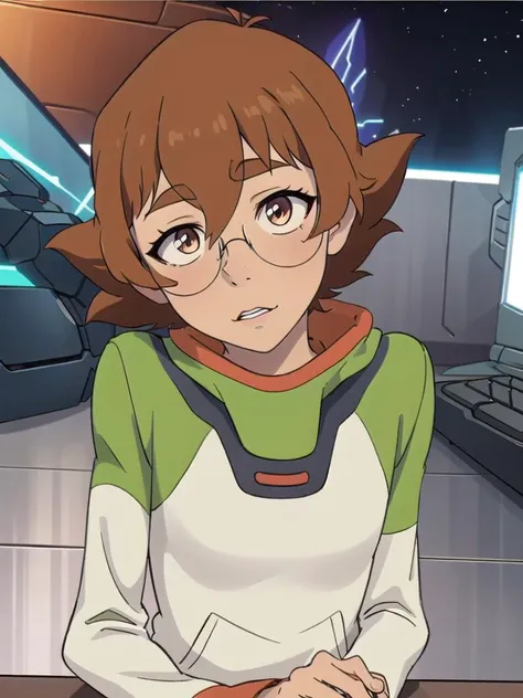 , (1girl), masterpiece, 8k HDR, hires, high resolution, best quality, beautiful eyes, perfect lighting, (sharp focus), (solo), <lora:Pidge:1> pidge , sitting at scifi computer