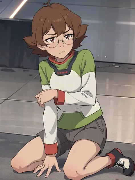 , (1girl), masterpiece, 8k HDR, hires, high resolution, best quality, beautiful eyes, perfect lighting, (sharp focus), (solo), <lora:Pidge:0.8> pidge , Brown hair, short hair, glasses, brown eyes, long shorts, long sleeve, (kneeling), looking (sad),