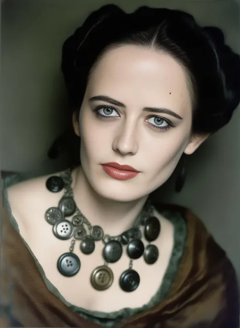 EvaGreen, photograph, Affectionate Medieval Girl, Injured Buttons, Necklace, Circle Beard, soft focus, film grain, Fuji superia 400, F/14, (art by Kanzan Shimomura:1.2) ,art by Francisco de Zurbaran, <lora:EvaGreenSDXL:1>