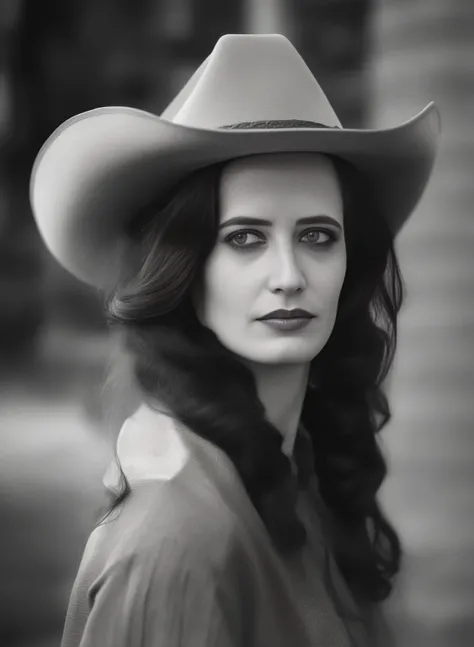 EvaGreen, art by Thomas C. Kinkaid, photograph, Harlem Renaissance, Skilled Scottish Female, wearing Nepalese Cowboy hat, Bald Contemplative hair, Peaceful, film grain, Canon 5d mark 4, Depth of field 100mm, Mono Color, <lora:EvaGreenSDXL:1>