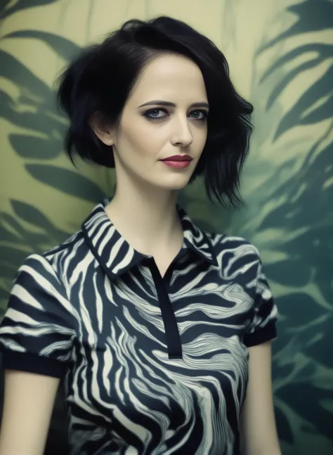 EvaGreen, art by Jeff Soto, photograph, fairy tale, Noxious Woman of Prey, wearing Majestic zebra print Polo shirt, Fluid movement, indoors with Ginkgo, FOV 90 degrees, Anime screencap, Satisfying, film grain, Canon RF, telephoto lens, <lora:EvaGreenSDXL:1>