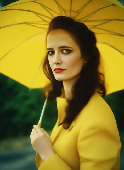 EvaGreen, [ (art by William Eggleston:1.1) ,art by Don Maitz:9], photograph, Gloomcore, Peaceful Woman, wearing [Kashmir|Nomex], Enticing Umbrella, Crown, Saturated deep yellow background, Light, Indirect light, film grain, Sony A9 II, L USM,  <lora:EvaGreenSDXL:1>