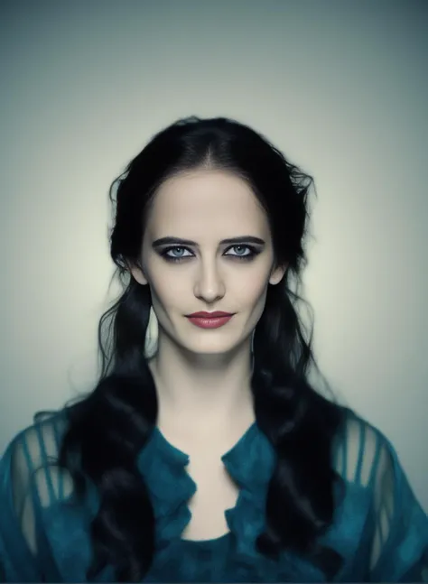 EvaGreen, photograph, Female, plain fluorescent background, Surprising, Indigo lighting, film grain, Iphone X, F/1.8, art by Alexei Harlamoff, (art by Juan Giménez:0.7) ,  <lora:EvaGreenSDXL:1>