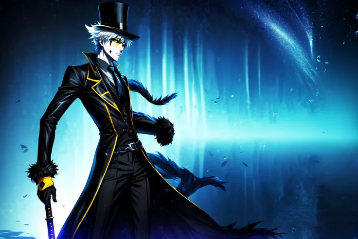 amazing, 4k, extremely detailed art, best quality, masterpiece, 1boy, male focus,
<lora:IkasorukOgihci:1>hollow, solo,weapon,white hair,male focus,sky,sword,night,crescent moon,water,bubble,underwater,air bubble,chains,((( facial mark, fur trim, yellow eyes, black sclera:1))),gloves,hat,holding,full body,weapon,necktie,belt,sword,coat,shadow,watch,top hat,rapier,dark persona,
<lora:GoodHands-beta2:1>, <lora:more_details:1>, <lora:Light and Shadow:0.7>