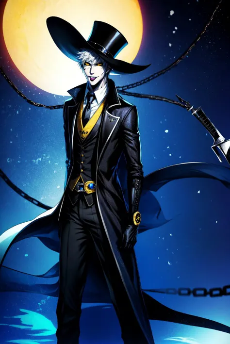 amazing, 4k, extremely detailed art, best quality, masterpiece, 1boy, male focus,
<lora:IkasorukOgihci:1>hollow, solo,weapon,white hair,male focus,sky,sword,night,moon,crescent moon,water,bubble,underwater,air bubble,chains,(((yellow eyes, black sclera:1))), evil smile, jewelry, fur trim, gloves,hat,holding,full body,weapon,necktie,belt,sword,coat,shadow,watch,top hat,rapier,colored tongue,tongue out, blue tongue, tattoo, facial mark, dark persona, 
 <lora:GoodHands-beta2:1>, <lora:more_details:1>, <lora:Light and Shadow:0.7>