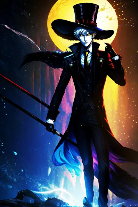 amazing, 4k, extremely detailed art, best quality, masterpiece, 1boy, male focus,
<lora:IkasorukOgihci:1>hollow, solo,weapon,white hair,male focus,sky,sword,night,moon,crescent moon,water,bubble,underwater,air bubble,chains,((( jewelry, facial mark, fur trim, yellow eyes, black sclera:1))),gloves,hat,holding,full body,weapon,necktie,belt,sword,coat,shadow,watch,top hat,rapier,dark persona,
<lora:GoodHands-beta2:1>, <lora:more_details:1>, <lora:Light and Shadow:1>